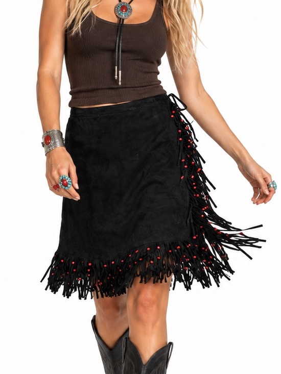 Vintage Dresses & Skirts - Vintage Black Suede Fringe Red Bead Western Wrap Midi Skirt L XL Cowgirl